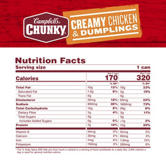 Campbell's Chunky Creamy Chicken and Dumplings ingredients close-up with chicken chunks and vegetables.