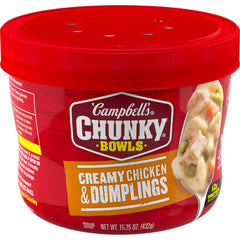 Campbell's Chunky Creamy Chicken and Dumplings Soup bowl ready to eat for a hearty dinner.