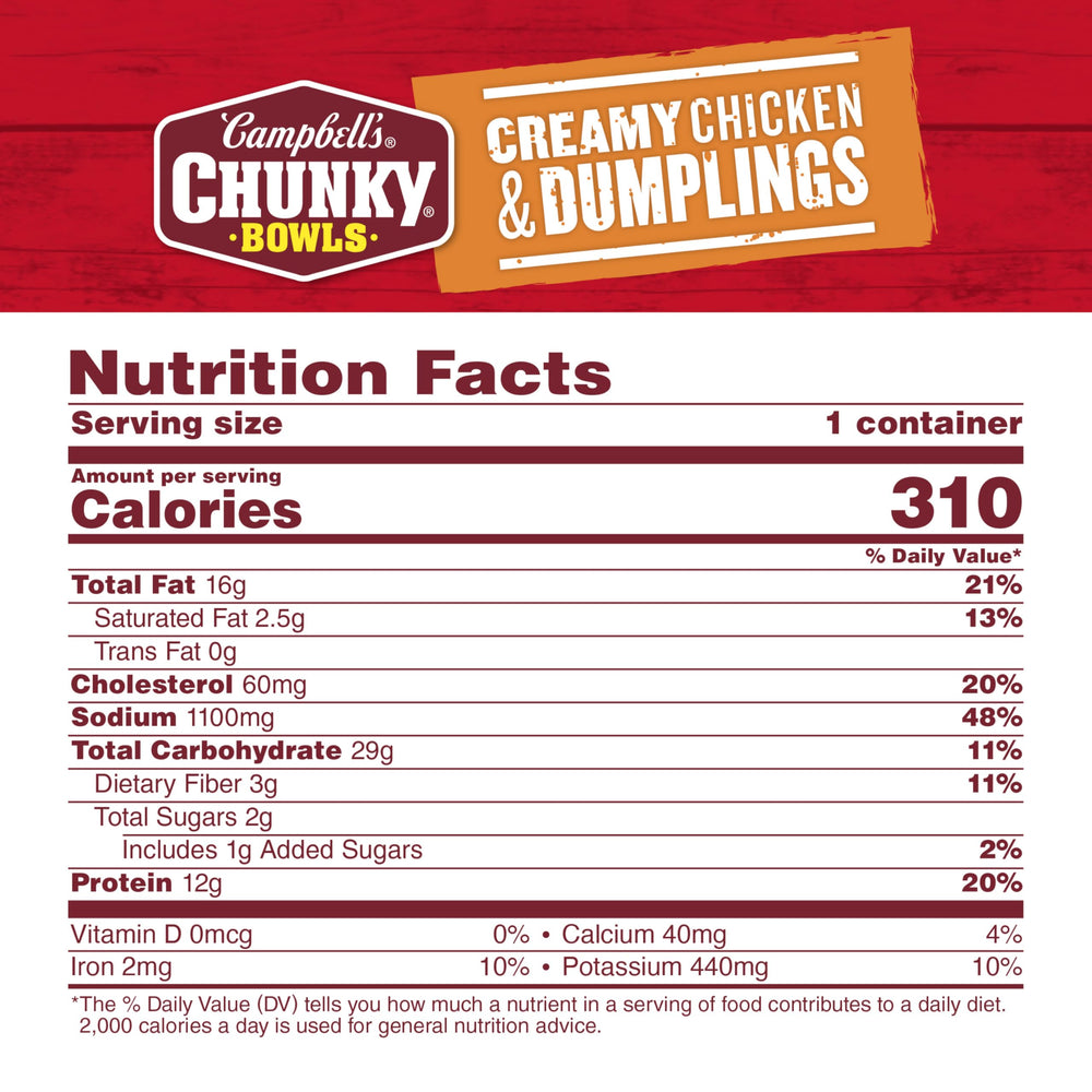 Close-up of Campbell's Chunky Creamy Chicken and Dumplings showing chunky chicken pieces.