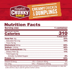 Close-up of Campbell's Chunky Creamy Chicken and Dumplings showing chunky chicken pieces.