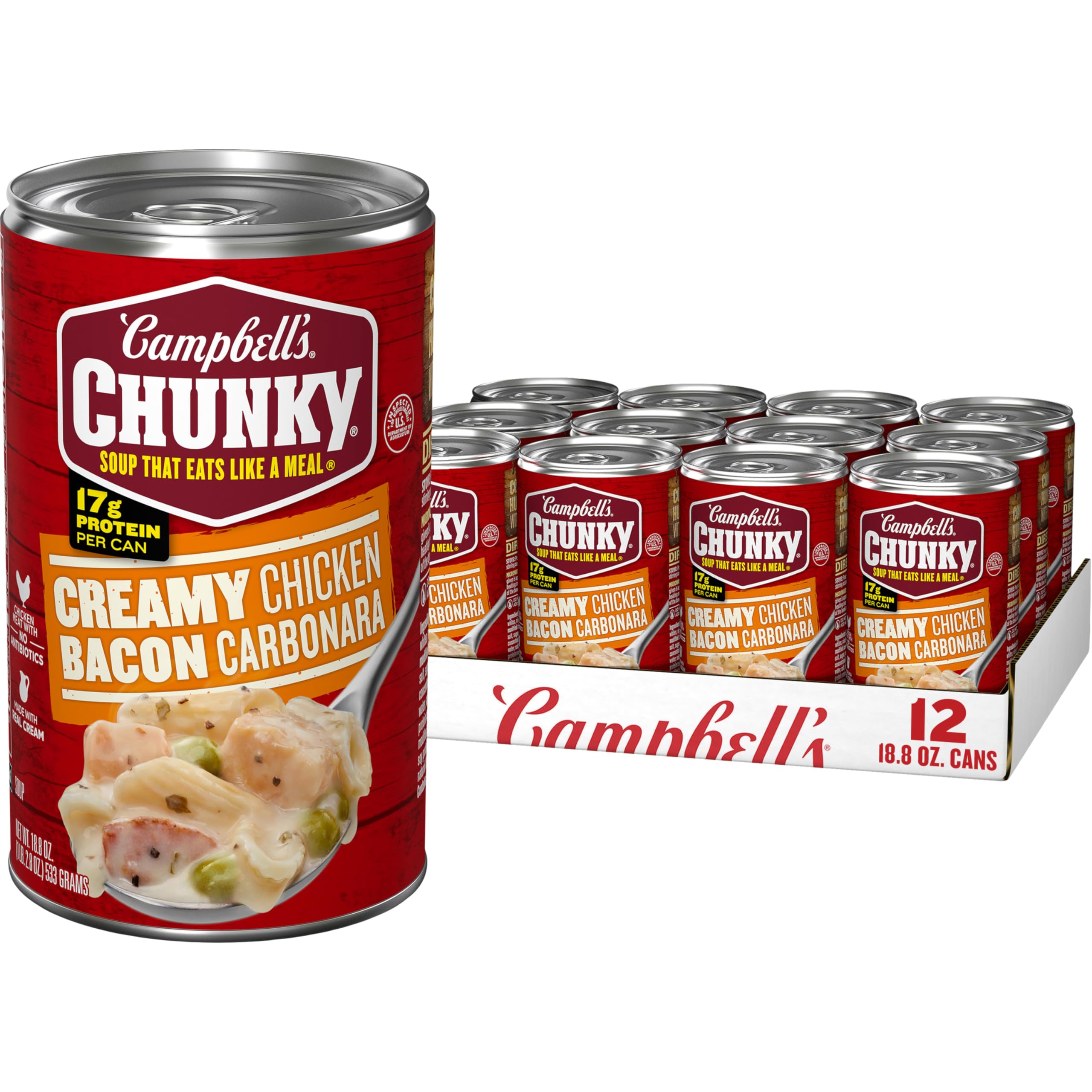 Campbell's Chunky Creamy Chicken Bacon Carbonara soup can front with hearty chunks.