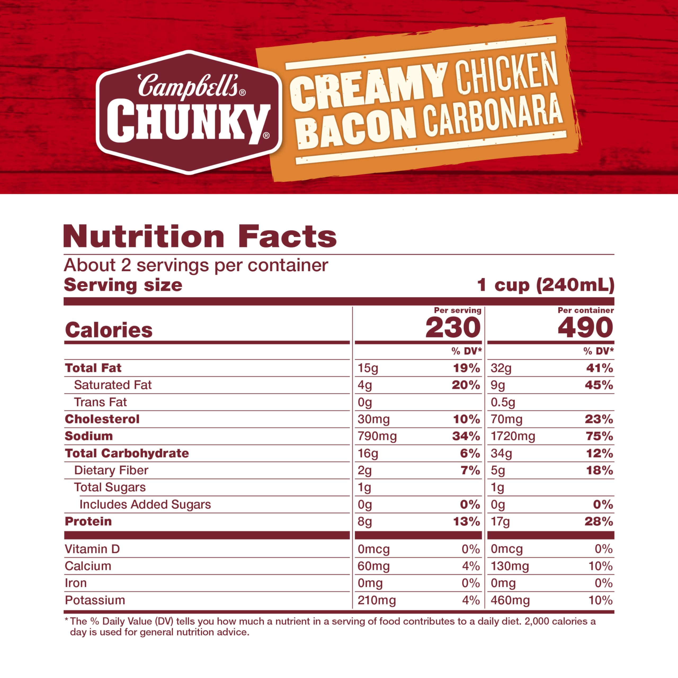 Campbell's Chunky Creamy Chicken Bacon Carbonara being poured into a bowl for comfort.