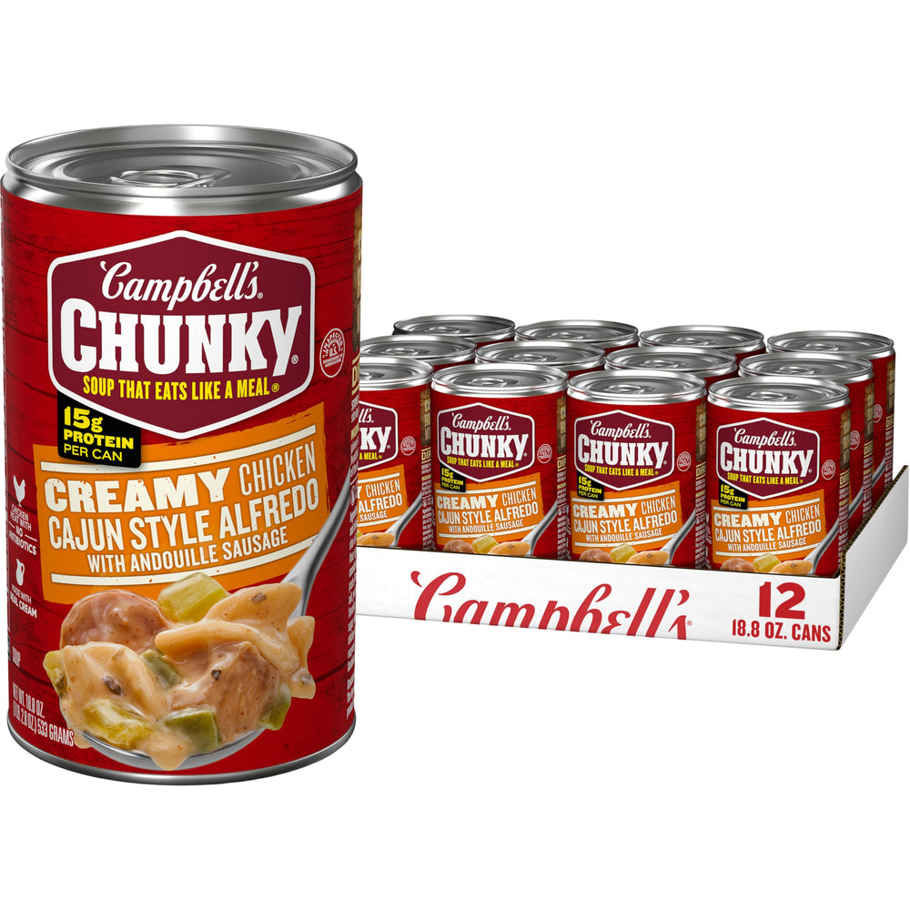 Campbell's Chunky Creamy Chicken Cajun Style Alfredo with Andouille Sausage Soup can, ideal for a quick game-day meal.