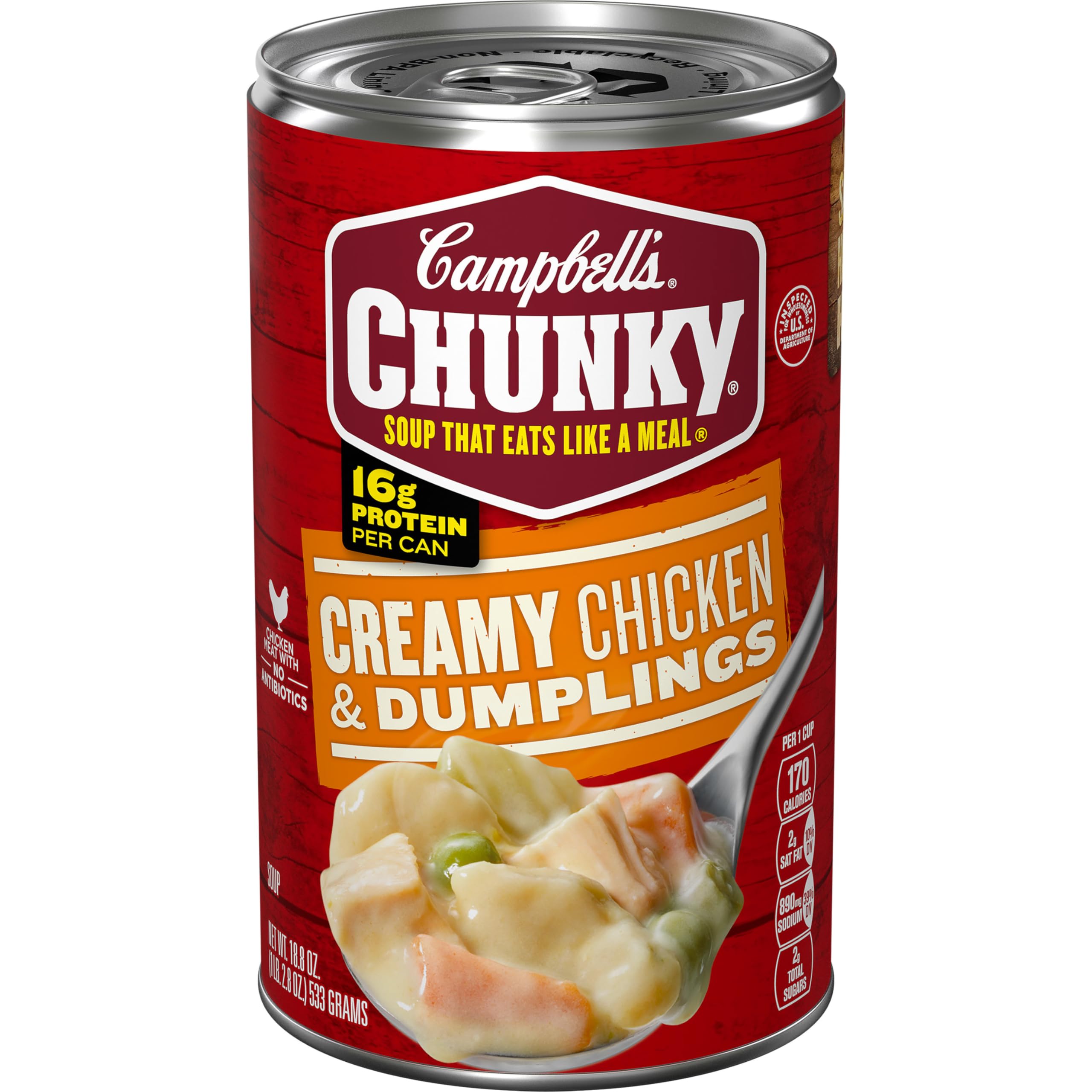 Campbell's Chunky Creamy Chicken and Dumplings can, hearty protein for quick meals.