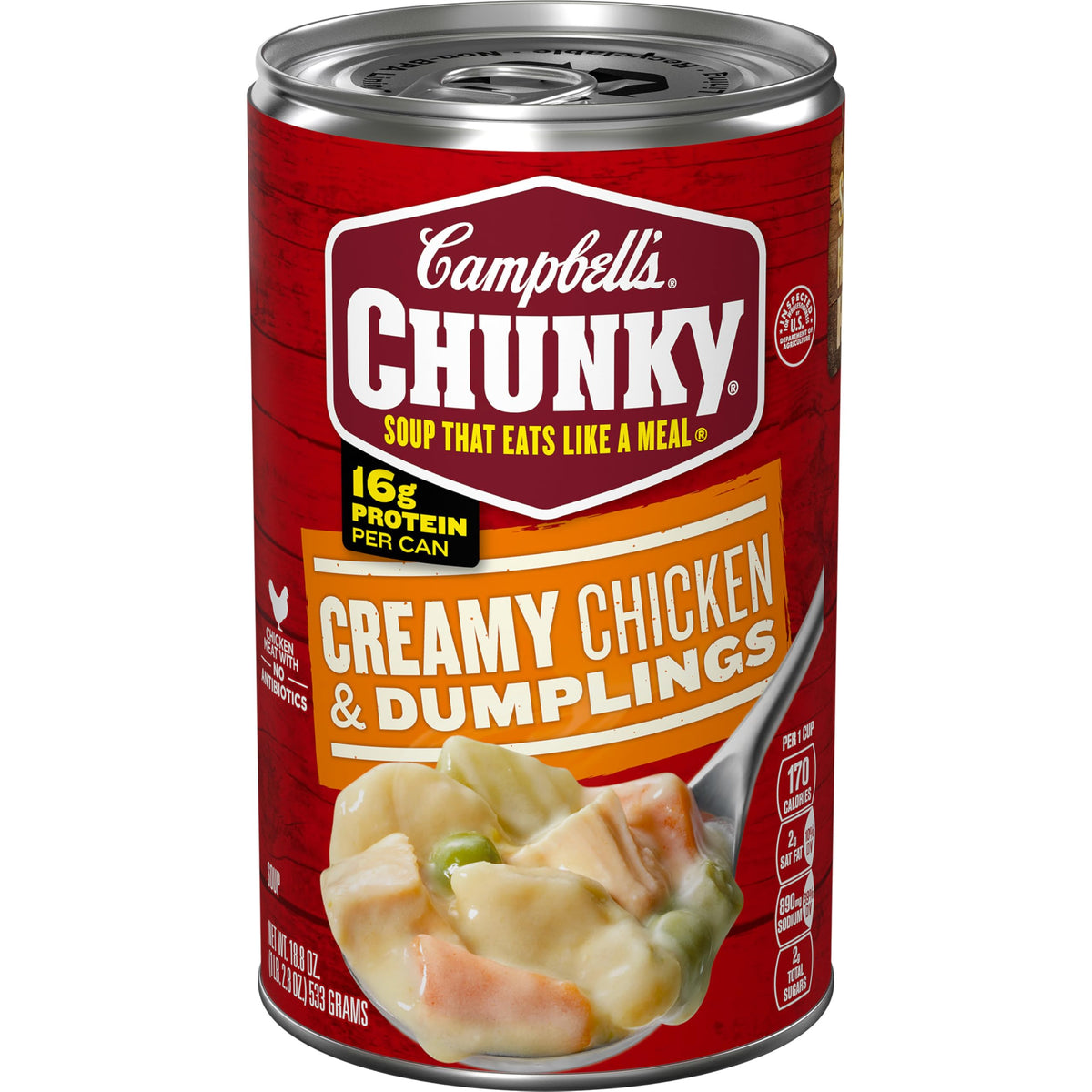 Campbell's Chunky Creamy Chicken and Dumplings can, hearty protein for quick meals.
