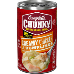 Campbell's Chunky Creamy Chicken and Dumplings can, hearty protein for quick meals.
