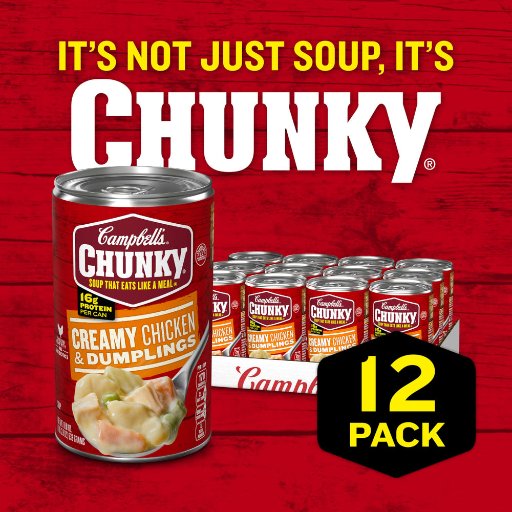Campbell's Chunky Creamy Chicken and Dumplings dumplings close-up for hearty texture.