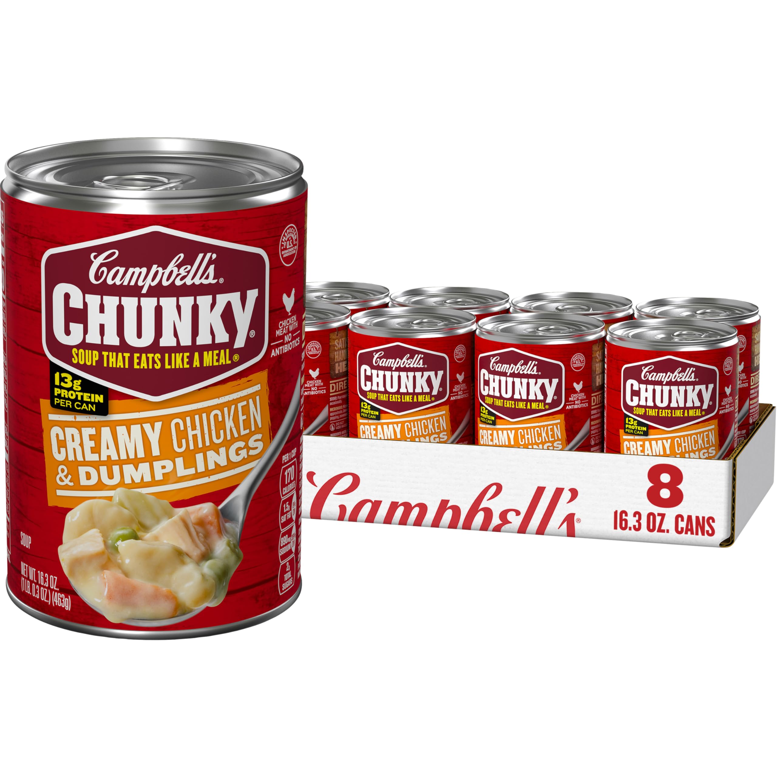 Campbell's Chunky Creamy Chicken and Dumplings can-case eight-pack, ideal for quick hearty lunches.