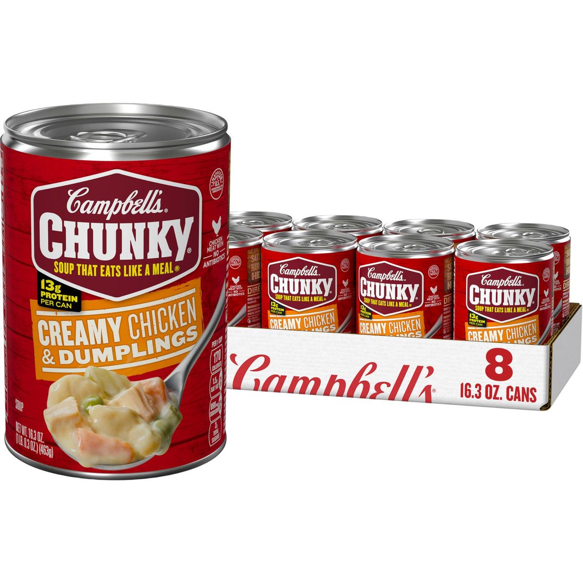 Campbell's Chunky Creamy Chicken and Dumplings can-case eight-pack, ideal for quick hearty lunches.