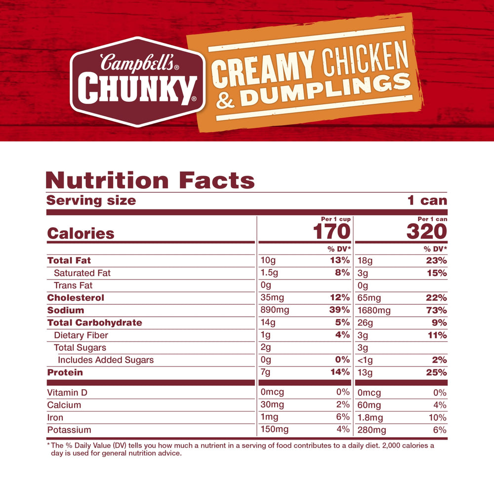 Campbell's Chunky Creamy Chicken and Dumplings shows visible chicken chunks for a satisfying bite.