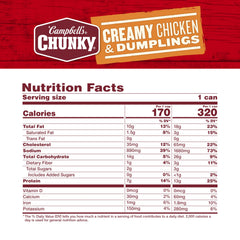 Campbell's Chunky Creamy Chicken and Dumplings shows visible chicken chunks for a satisfying bite.