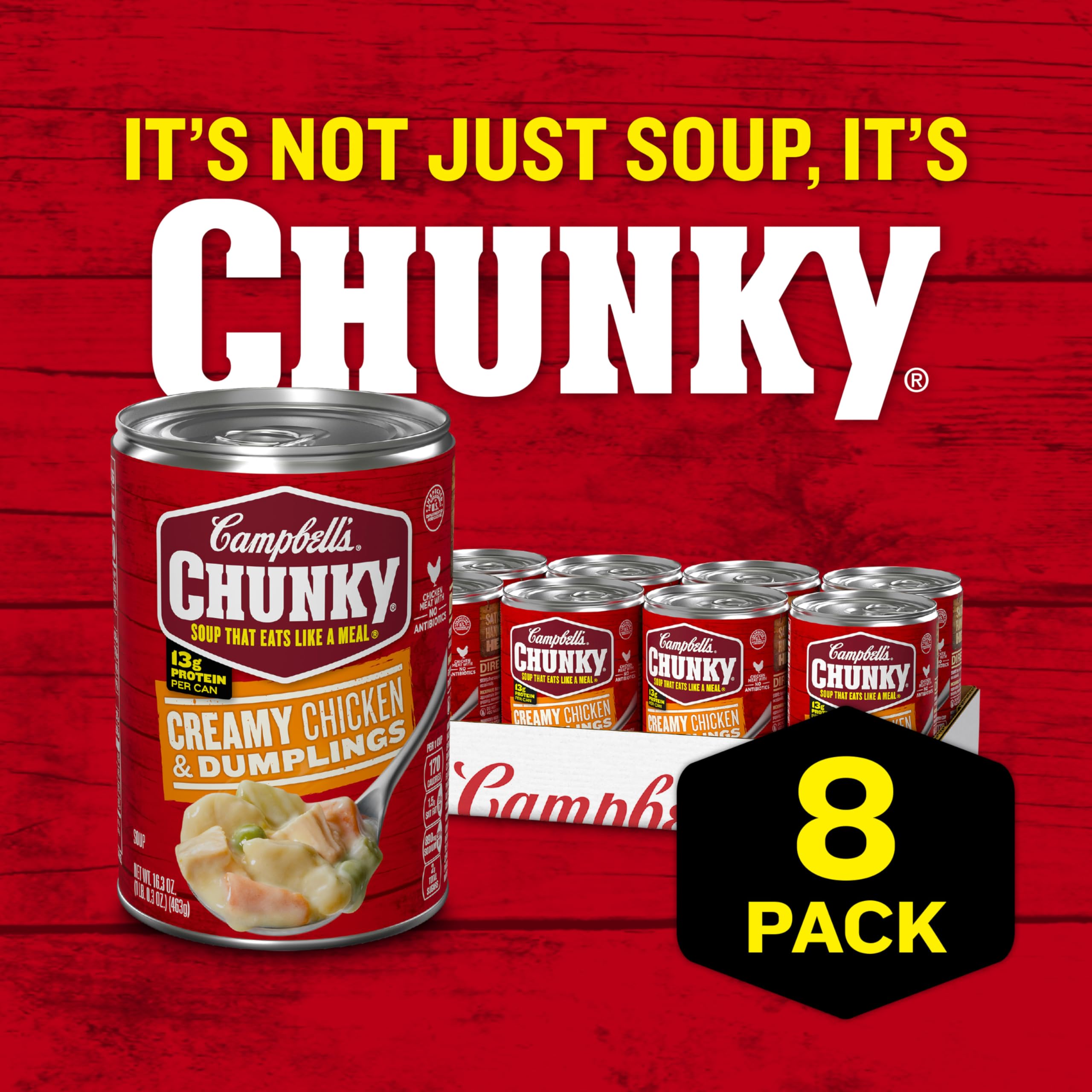 Campbell's Chunky Creamy Chicken and Dumplings spaetzle dumplings visible for hearty texture.