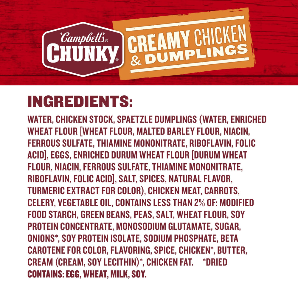 Campbell's Chunky Creamy Chicken and Dumplings with carrots and celery visible in the bowl.