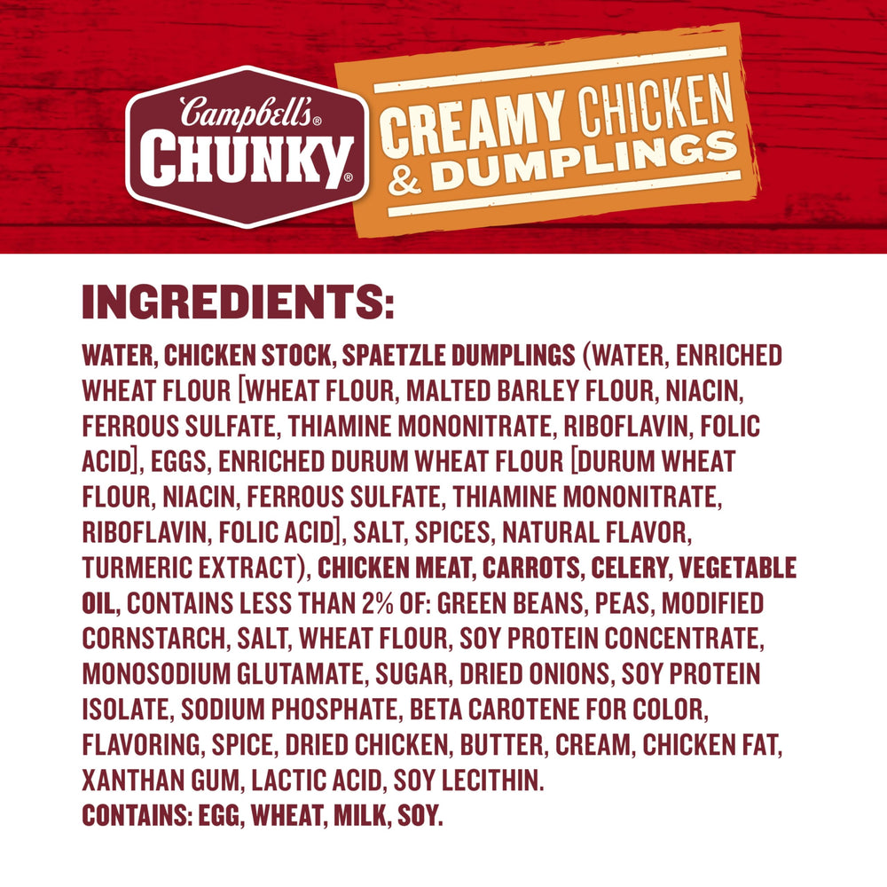 Campbell's Chunky Creamy Chicken and Dumplings microwave-ready can for quick meals.