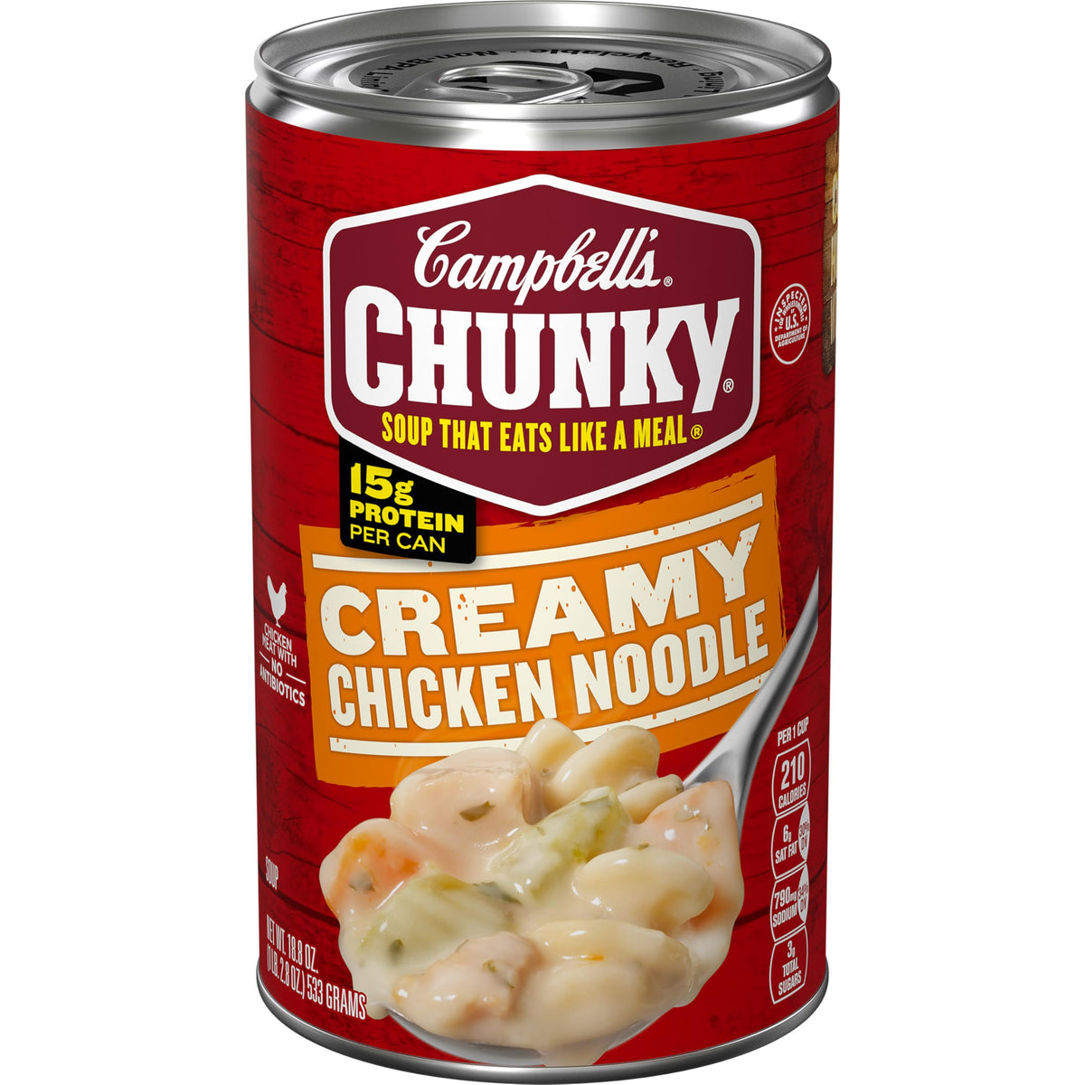Campbell's Chunky Creamy Chicken Noodle can with big chicken pieces for a satisfying meal.