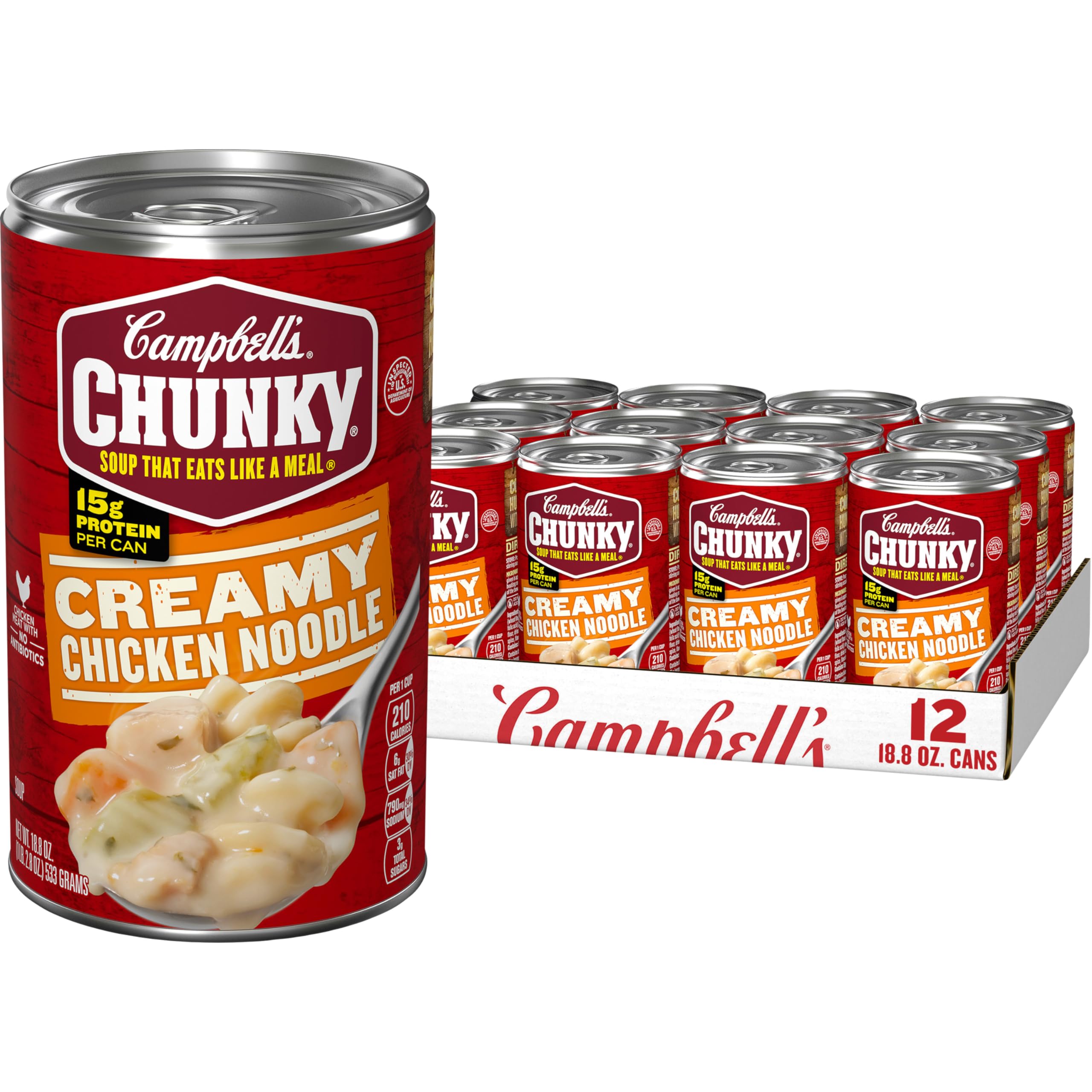 Campbell's Chunky Creamy Chicken Noodle Soup can with big chicken pieces and noodles.