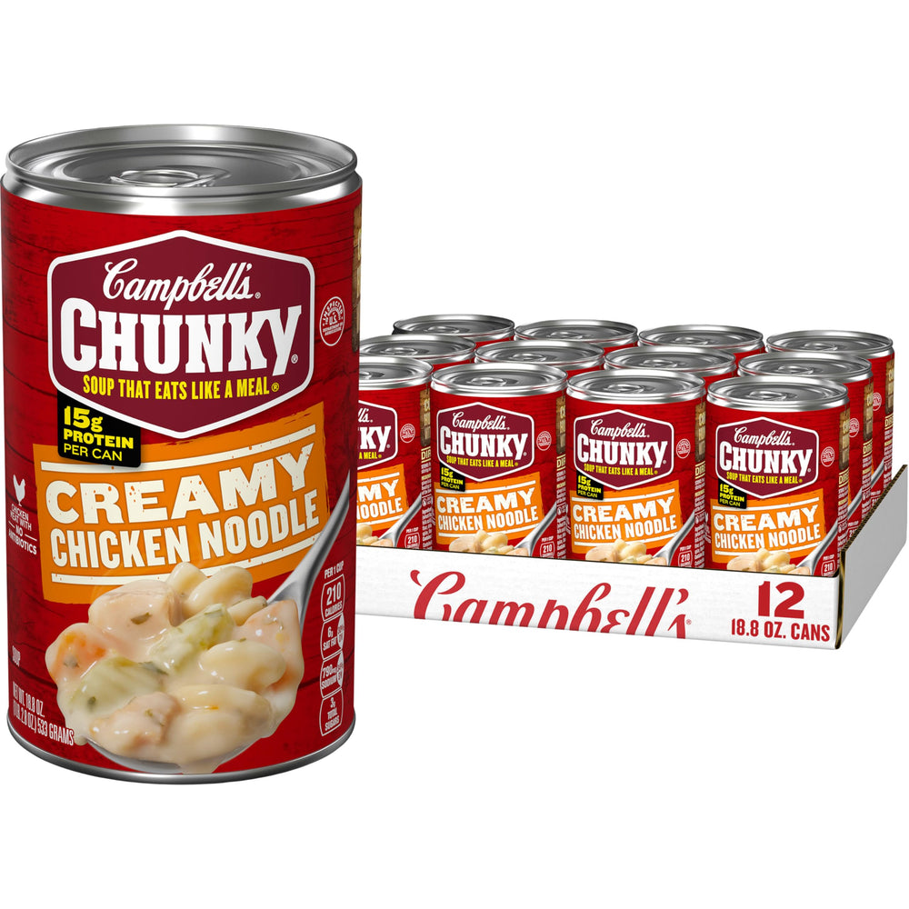 Campbell's Chunky Creamy Chicken Noodle Soup can with big chicken pieces and noodles.