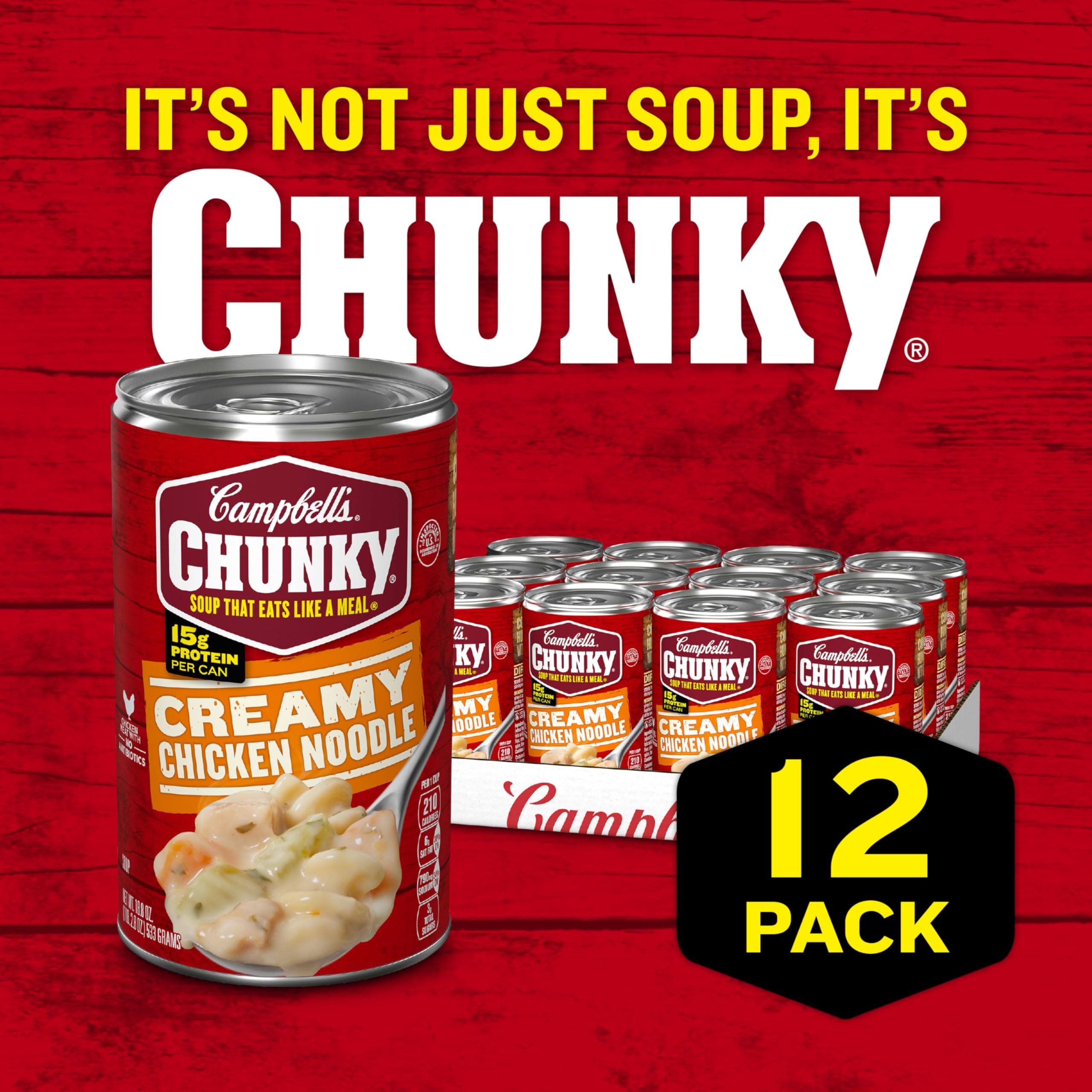 Chunky chicken pieces in Campbell's Creamy Chicken Noodle Soup provide protein satisfaction.