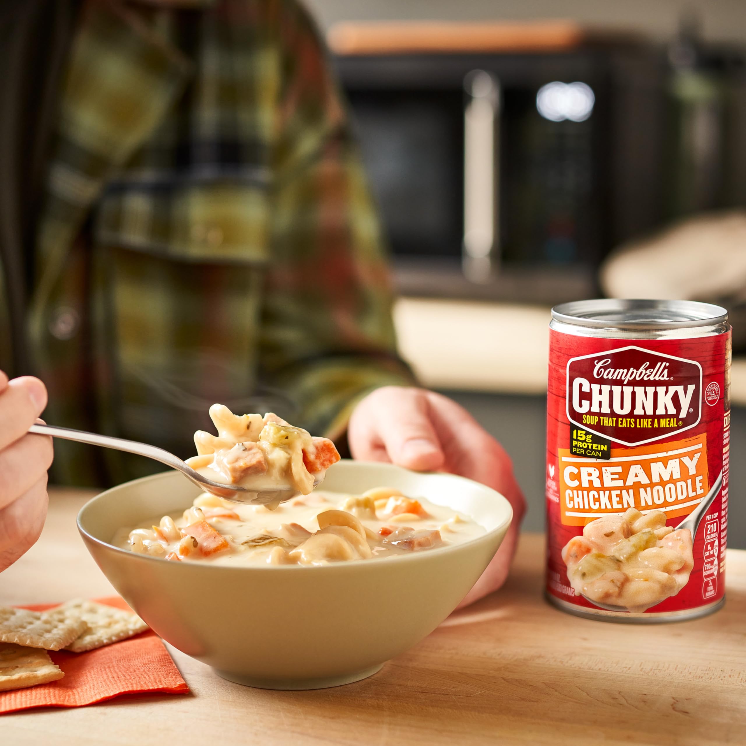 Microwave-ready Campbell's Chunky Creamy Chicken Noodle Soup ready in minutes.