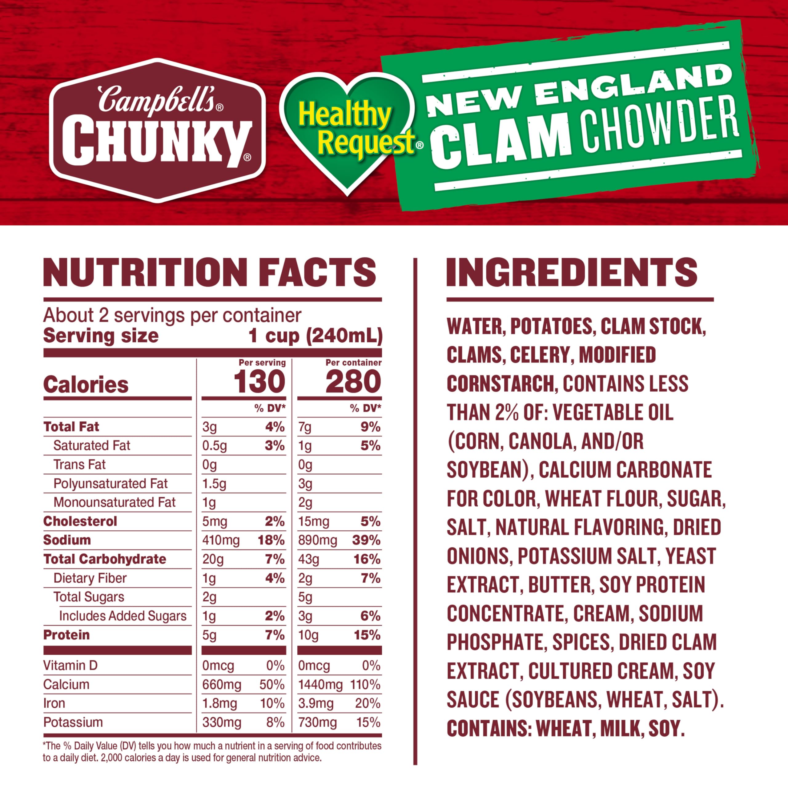 Camp Campbell's Chunky Healthy Request New England Clam Chowder close-up shows clams and potatoes in creamy sauce.