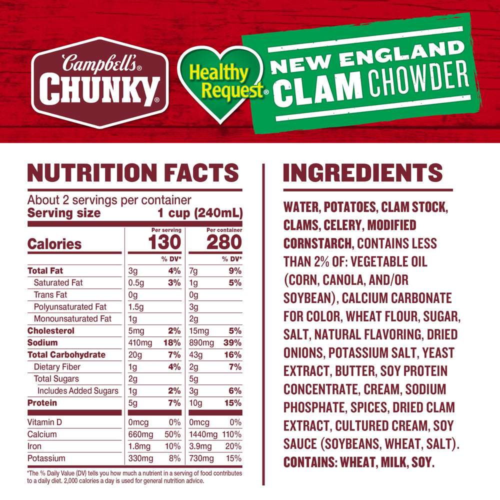 Camp Campbell's Chunky Healthy Request New England Clam Chowder close-up shows clams and potatoes in creamy sauce.