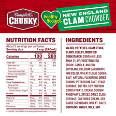 Camp Campbell's Chunky Healthy Request New England Clam Chowder close-up shows clams and potatoes in creamy sauce.