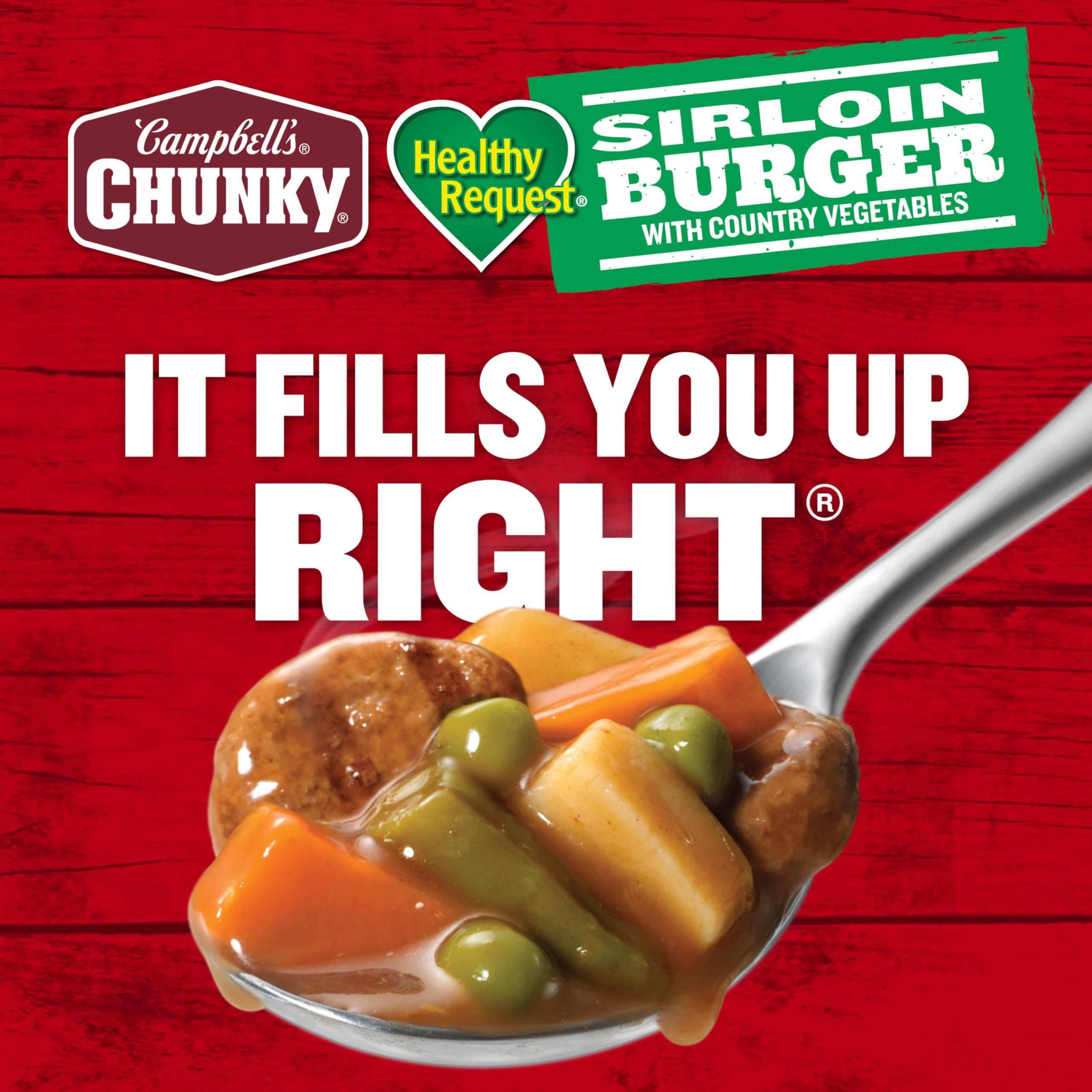 Close-up of Campbell's Chunky sirloin burgers and chunky vegetables.