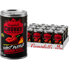 Campbell's Chunky Ghost Pepper Chicken Noodle Soup can front view, ready to heat.