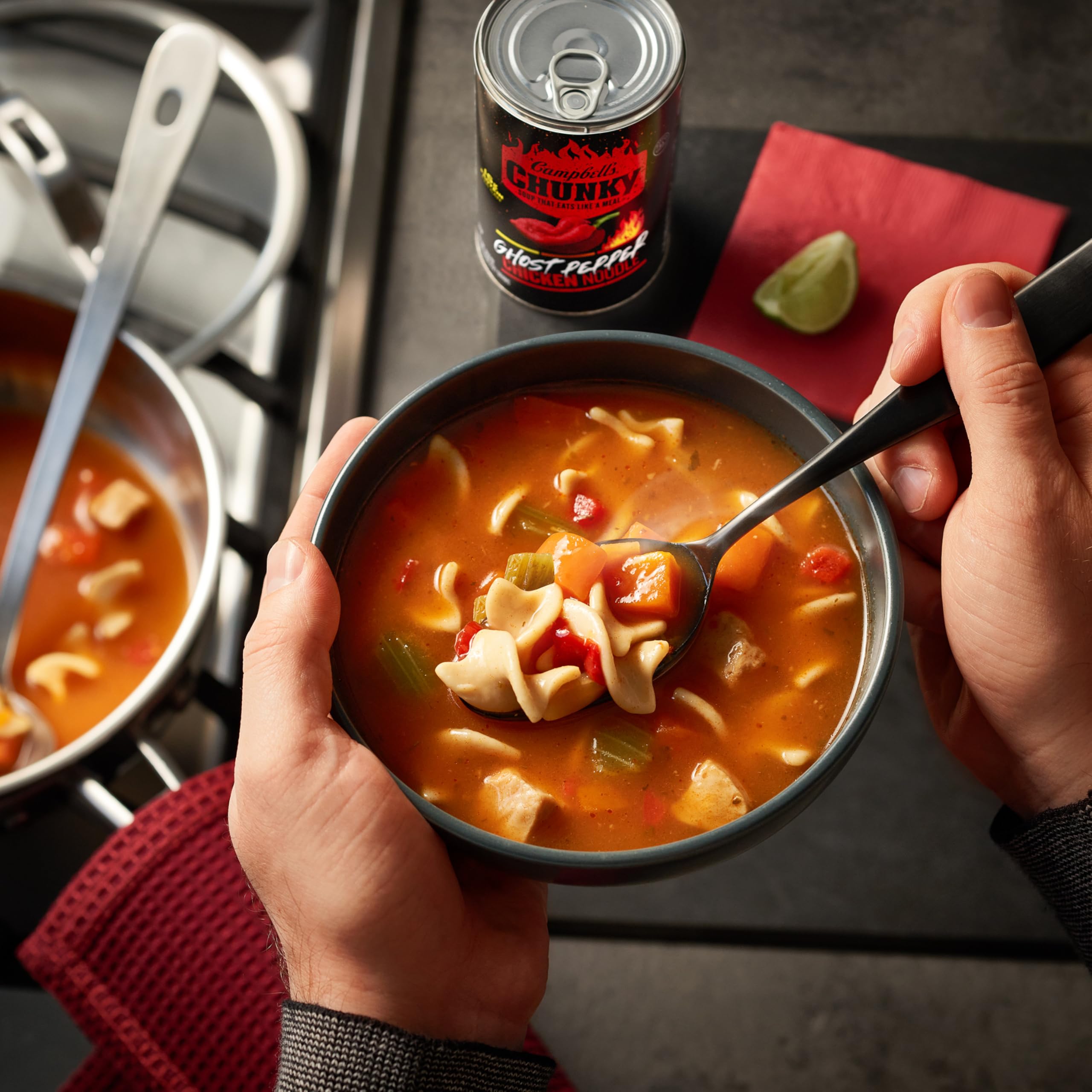 Spicy ghost pepper broth enhances Campbell's Chunky flavor profile