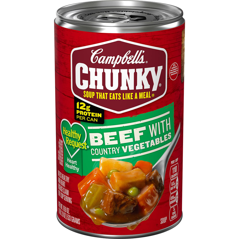 Campbell's Chunky Beef Soup with Country Vegetables in a can, protein-rich meal option.