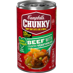 Campbell's Chunky Beef Soup with Country Vegetables in a can, protein-rich meal option.