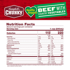 Campbell's Chunky Beef Soup close-up showing beef and vegetables for heartier texture.