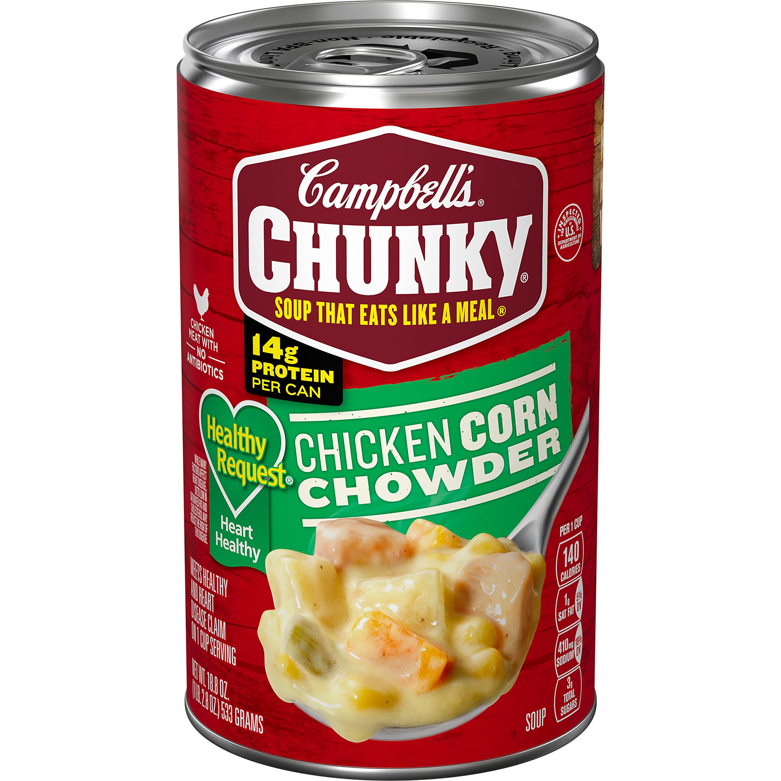 Campbell s Chunky Healthy Request Chicken Corn Chowder can front showing hearty protein packed meal