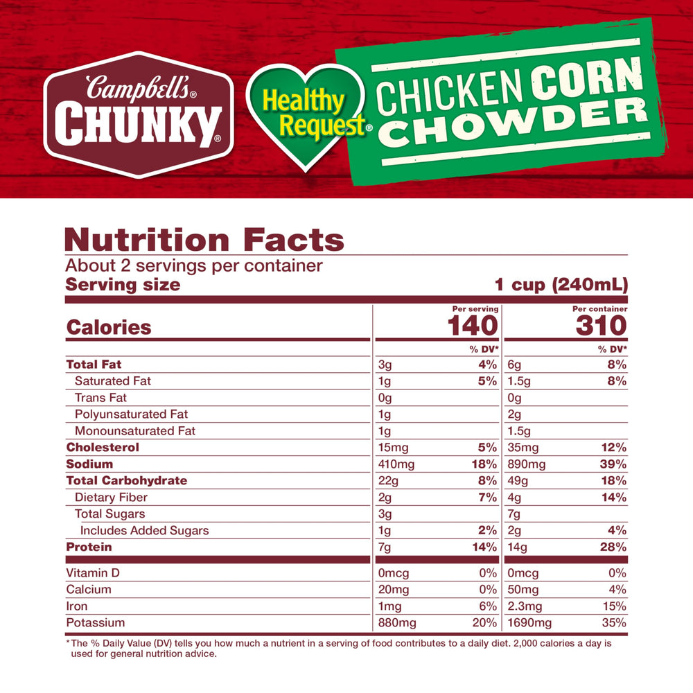 Campbell s Chunky Healthy Request Chicken Corn Chowder ingredients close up with corn and vegetables