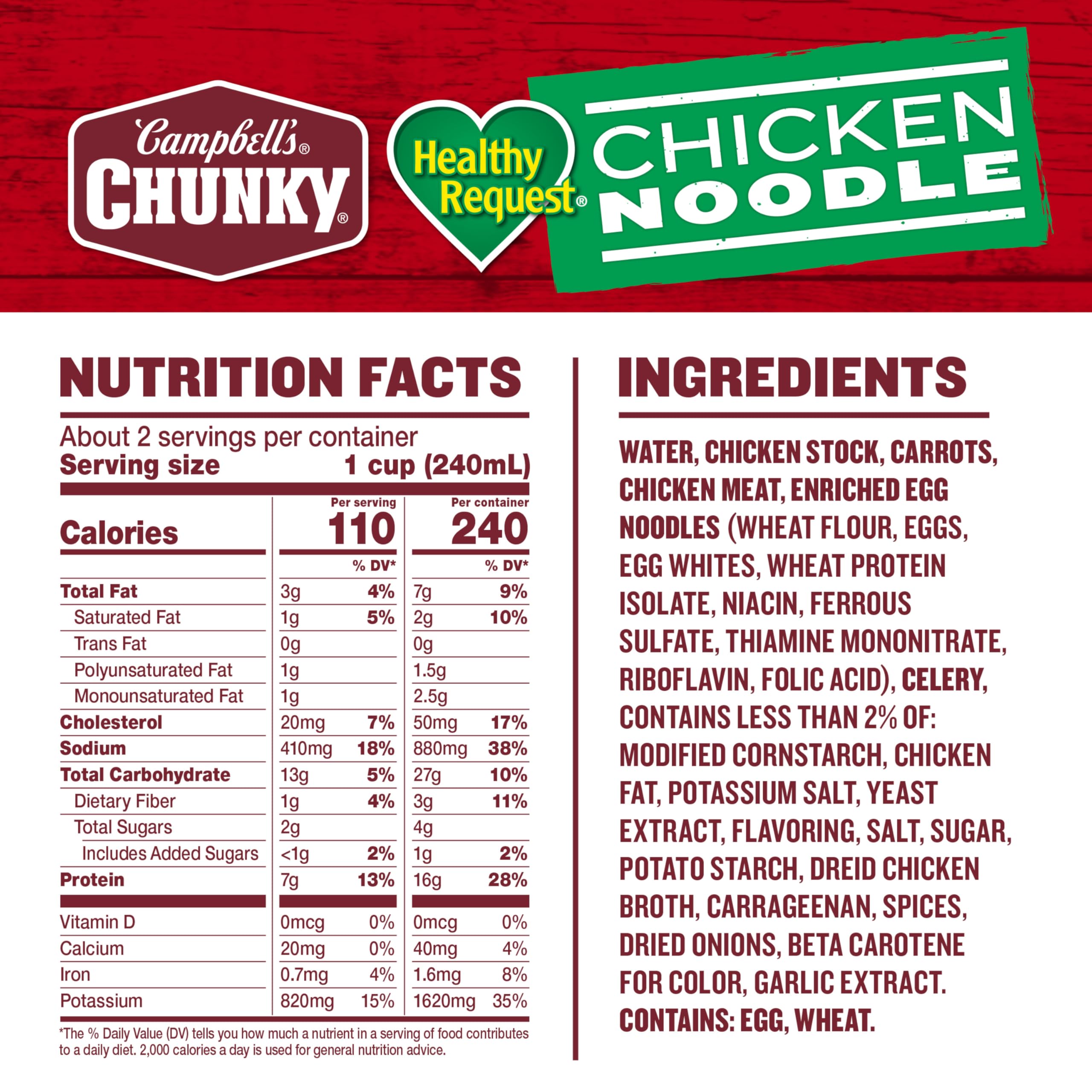Campbell's Chunky Healthy Request Chicken Noodle Soup can side view, heart-healthy comfort.