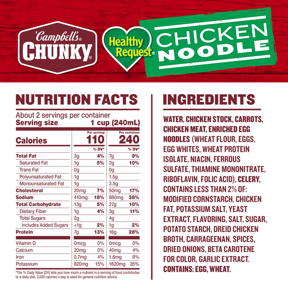 Campbell's Chunky Healthy Request Chicken Noodle Soup can side view, heart-healthy comfort.