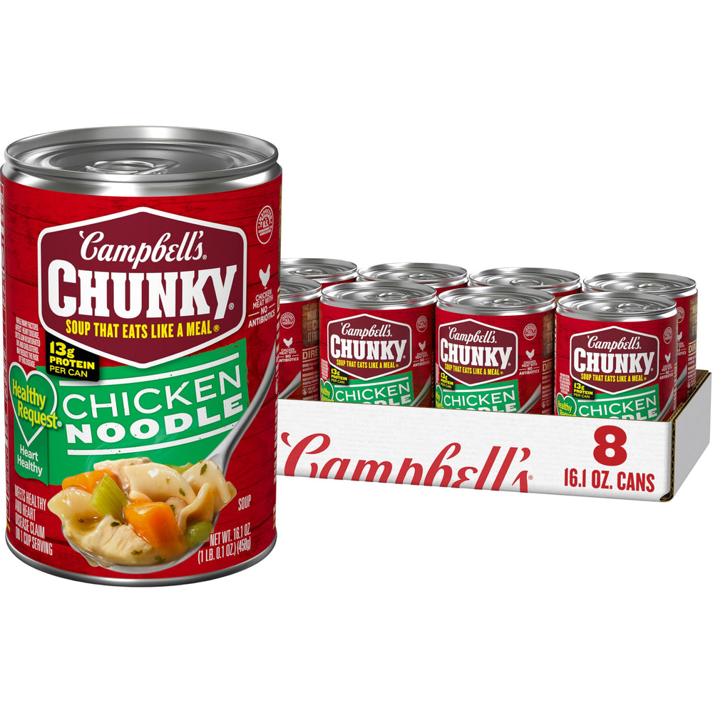 Campbell's Chunky Healthy Request Chicken Noodle Soup can ready for a quick meal.