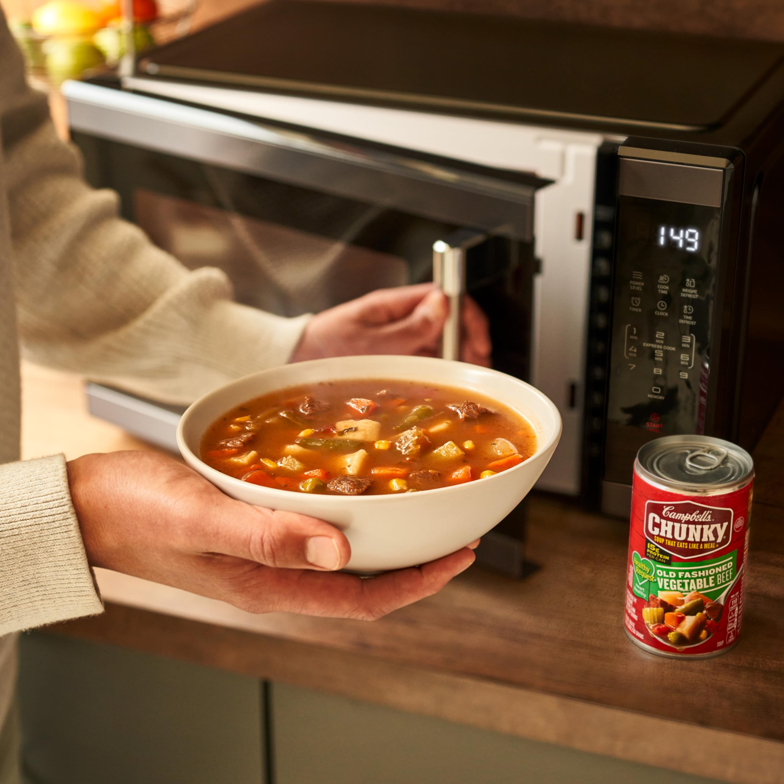 Campfire-ready serving from Campbell's Chunky Healthy Request supports outdoor meals.