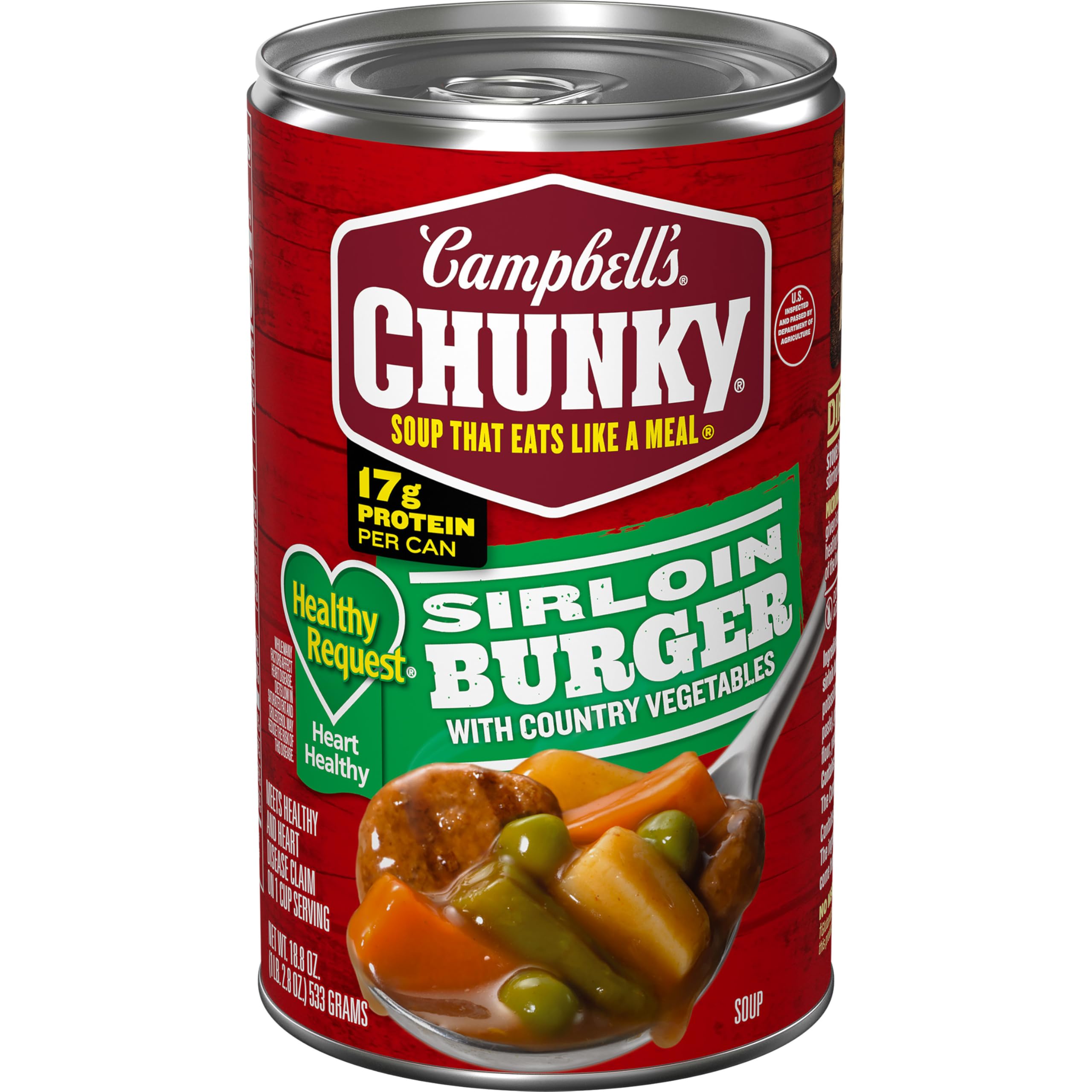 Campbell's Chunky Sirloin Burger with Country Vegetables soup can label, protein-packed comfort.