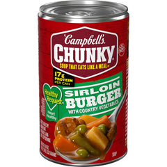 Campbell's Chunky Sirloin Burger with Country Vegetables soup can label, protein-packed comfort.
