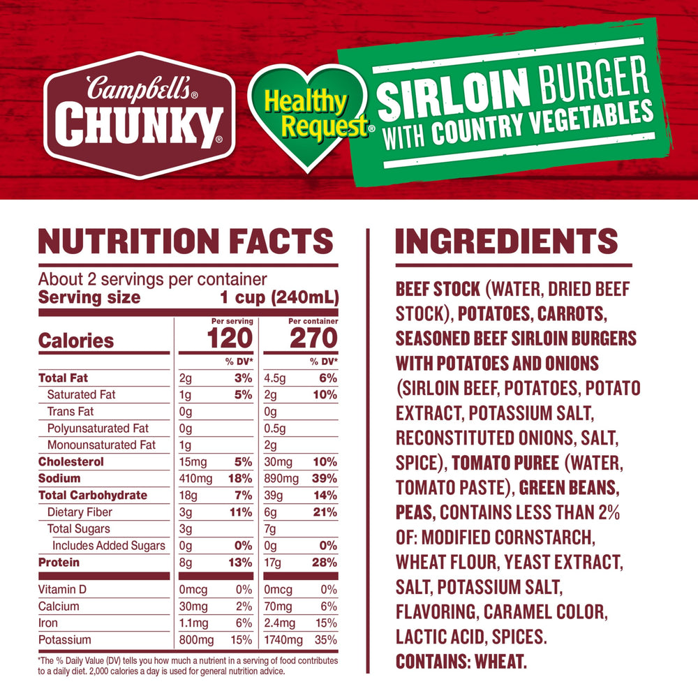 Campbell's Chunky soup bowl with vegetables and beef chunks for a hearty meal.