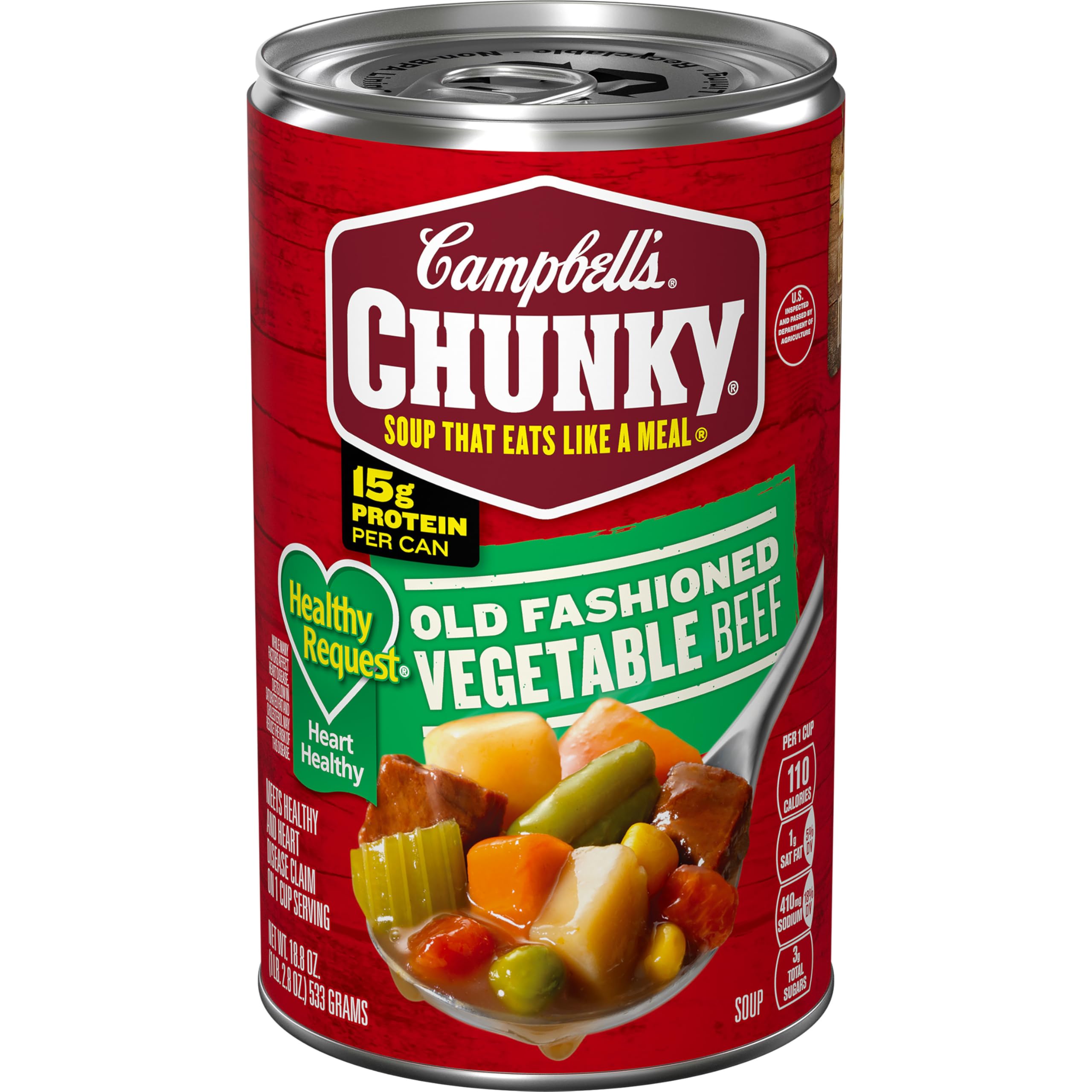 Campbell's Chunky Healthy Request Vegetable Beef Soup can with hearty beef and vegetables for a satisfying meal.