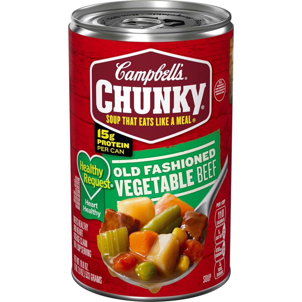 Campbell's Chunky Healthy Request Vegetable Beef Soup can with hearty beef and vegetables for a satisfying meal.