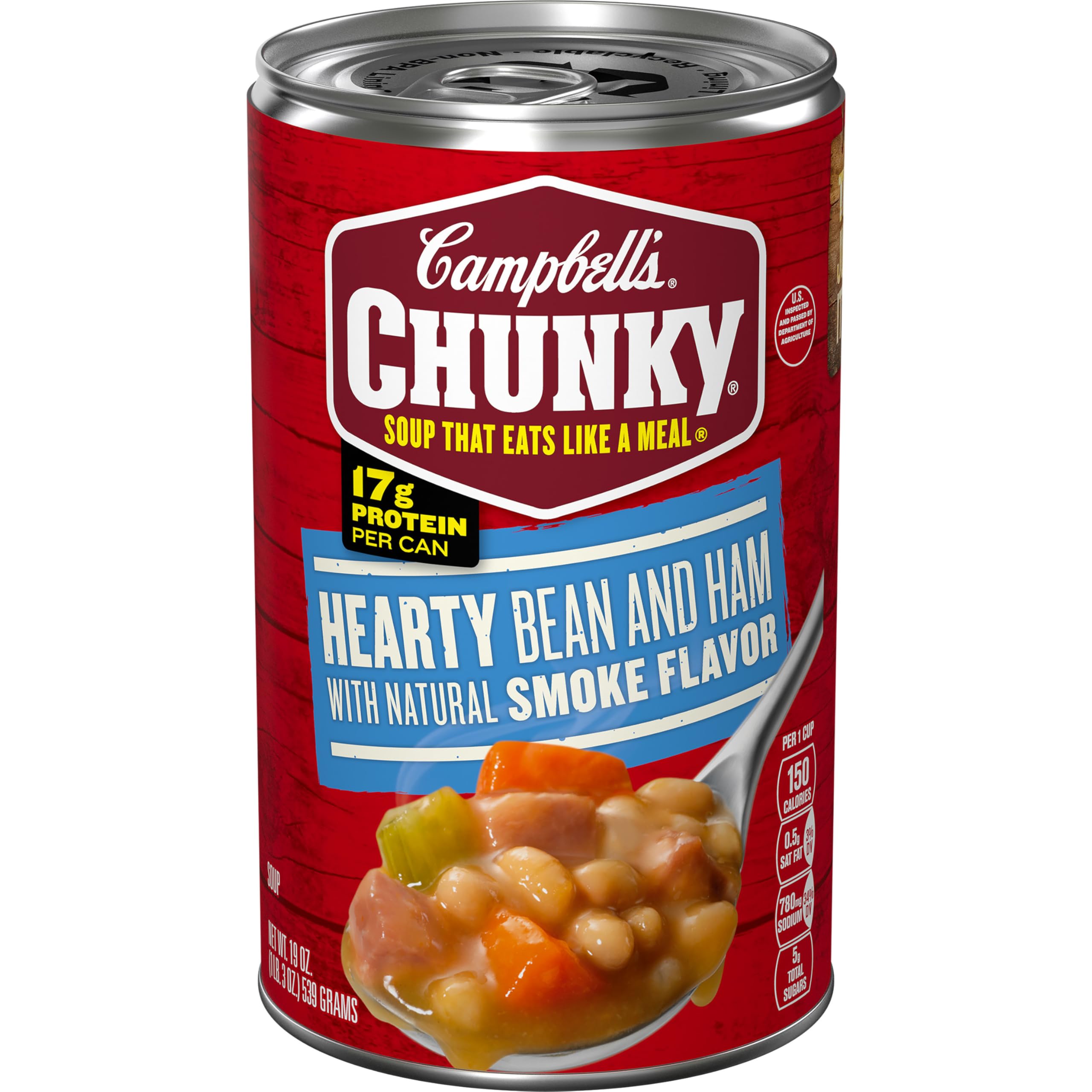 Campbell's Chunky Hearty Bean Soup with Ham can label—bold flavor promise for quick meals.