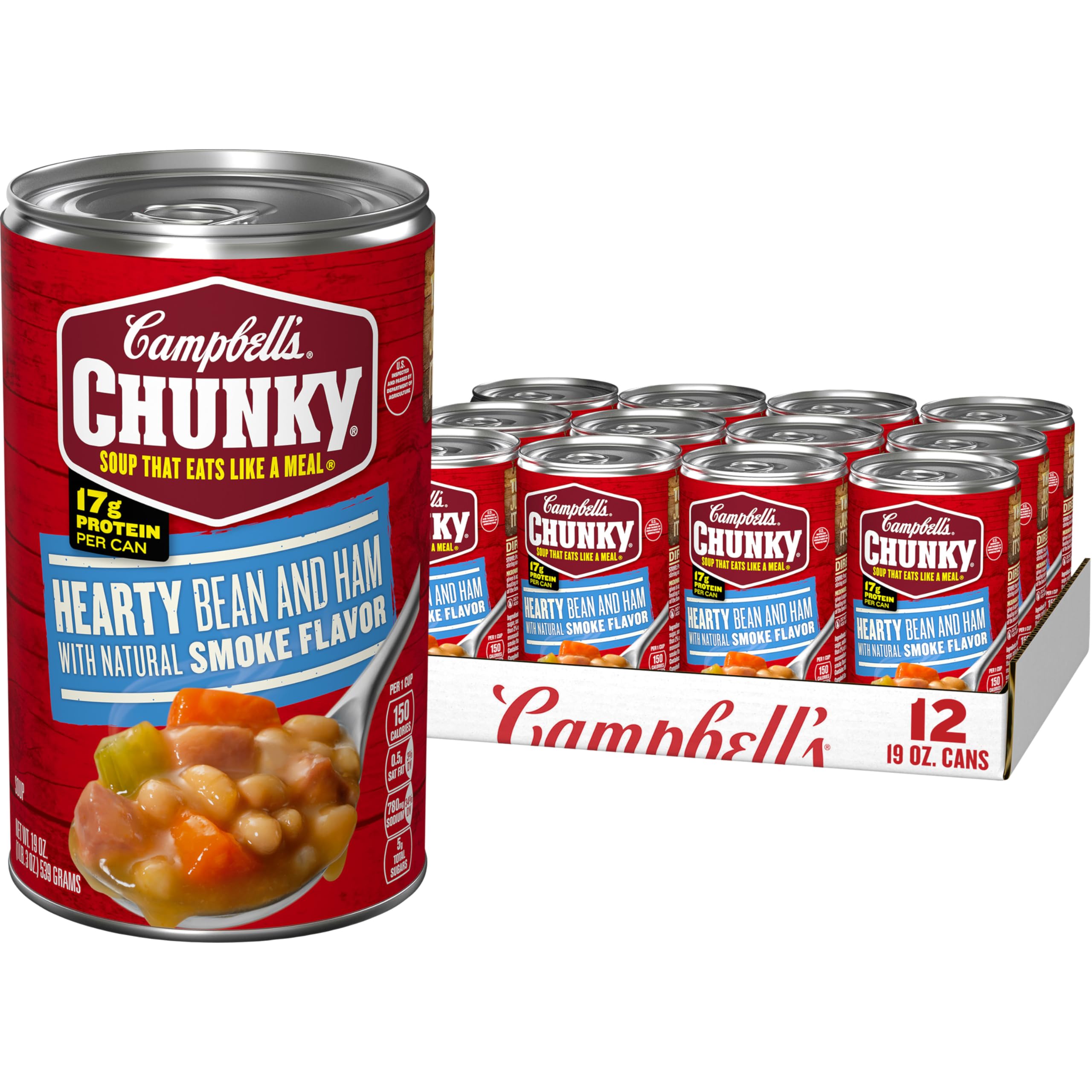 Campbell's Chunky Hearty Bean Soup with Ham can; protein-packed meal option.