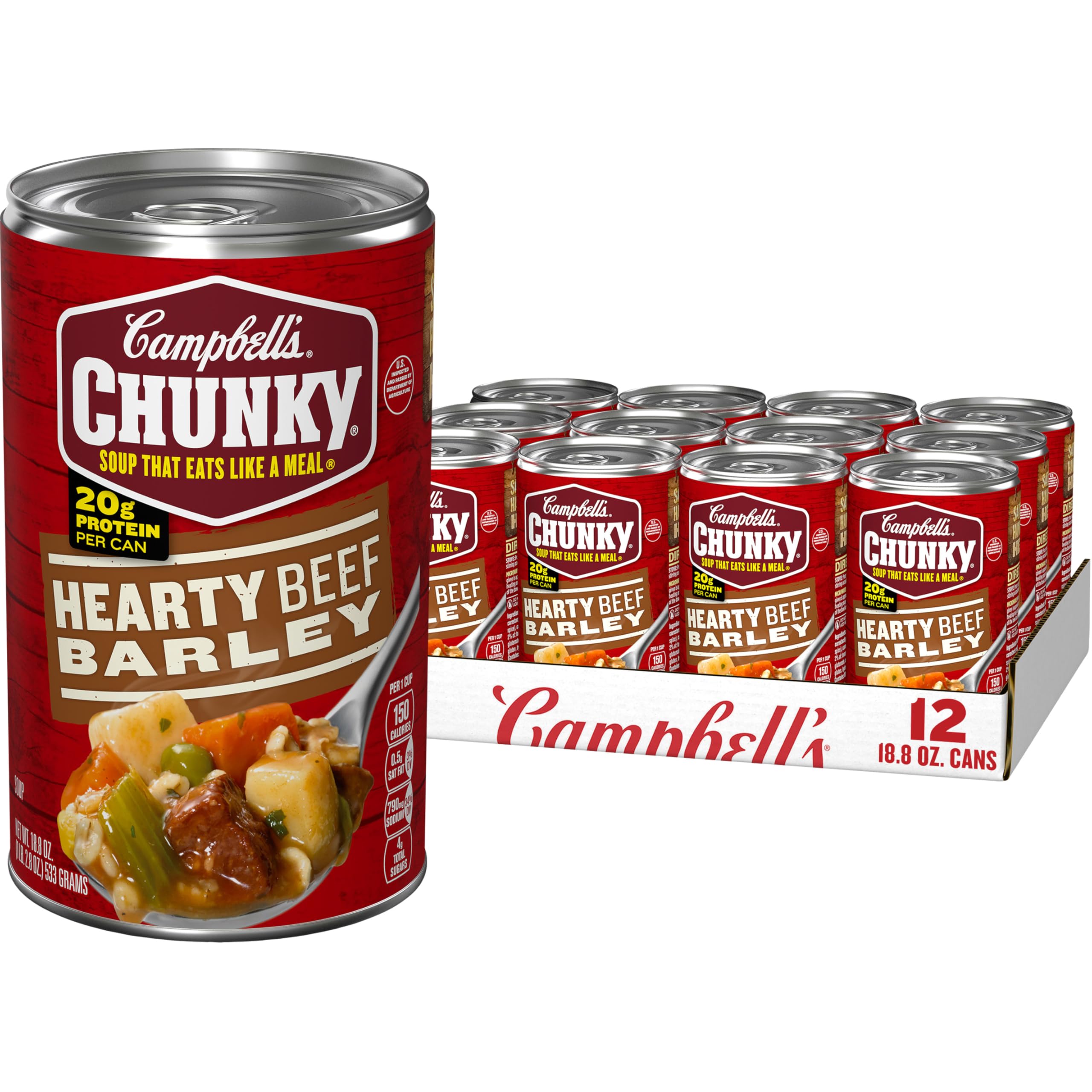 Campbell's Chunky Hearty Beef and Barley soup can ready for a quick, satisfying meal.