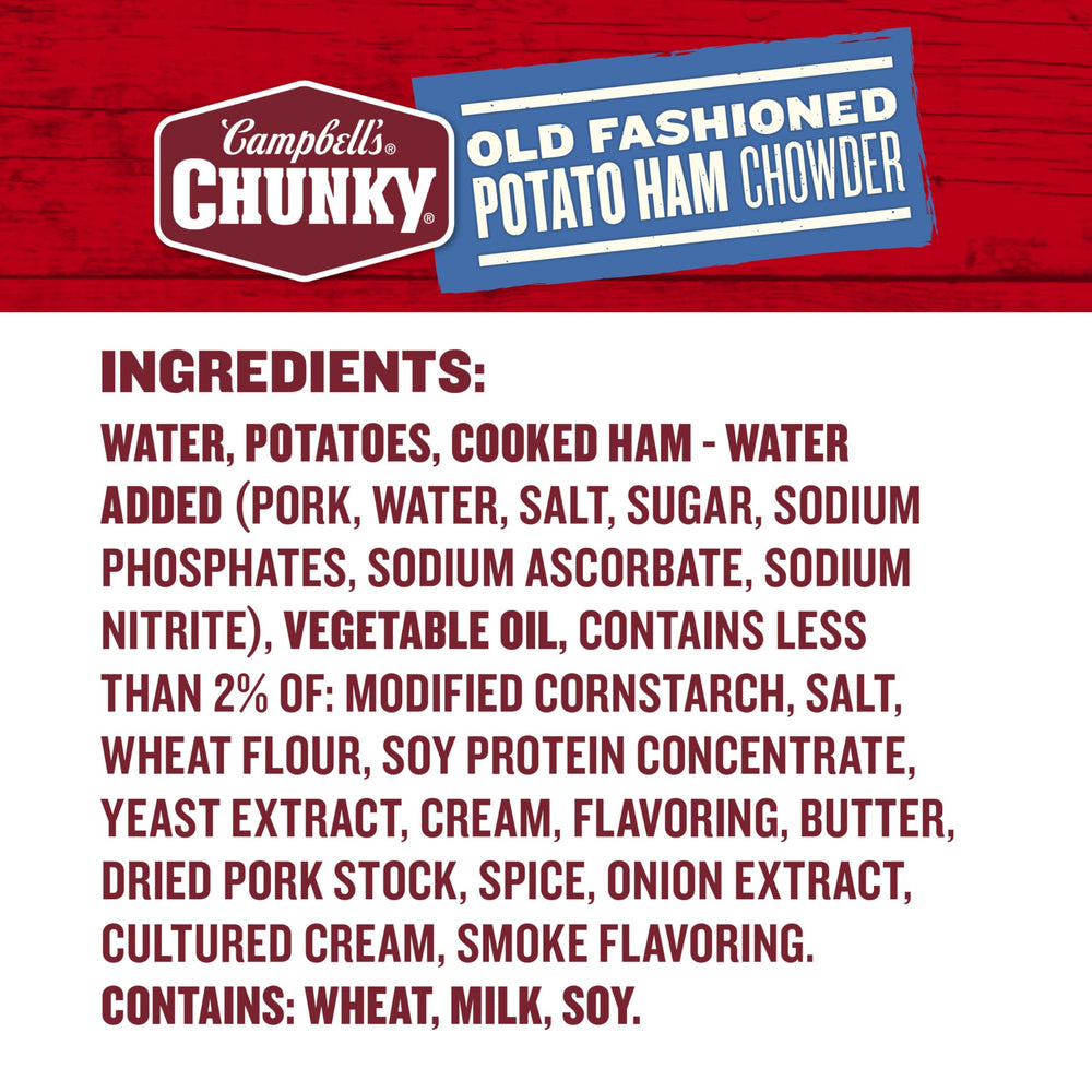 Hearty potatoes and smoky ham visible in Campbell's Chunky chowder, perfect for a filling lunch.
