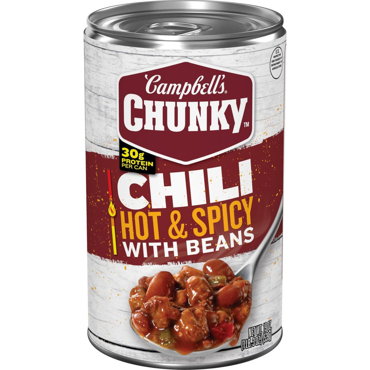 Campbell's Chunky Hot and Spicy Chili with Beans can, convenient heat-and-eat option.