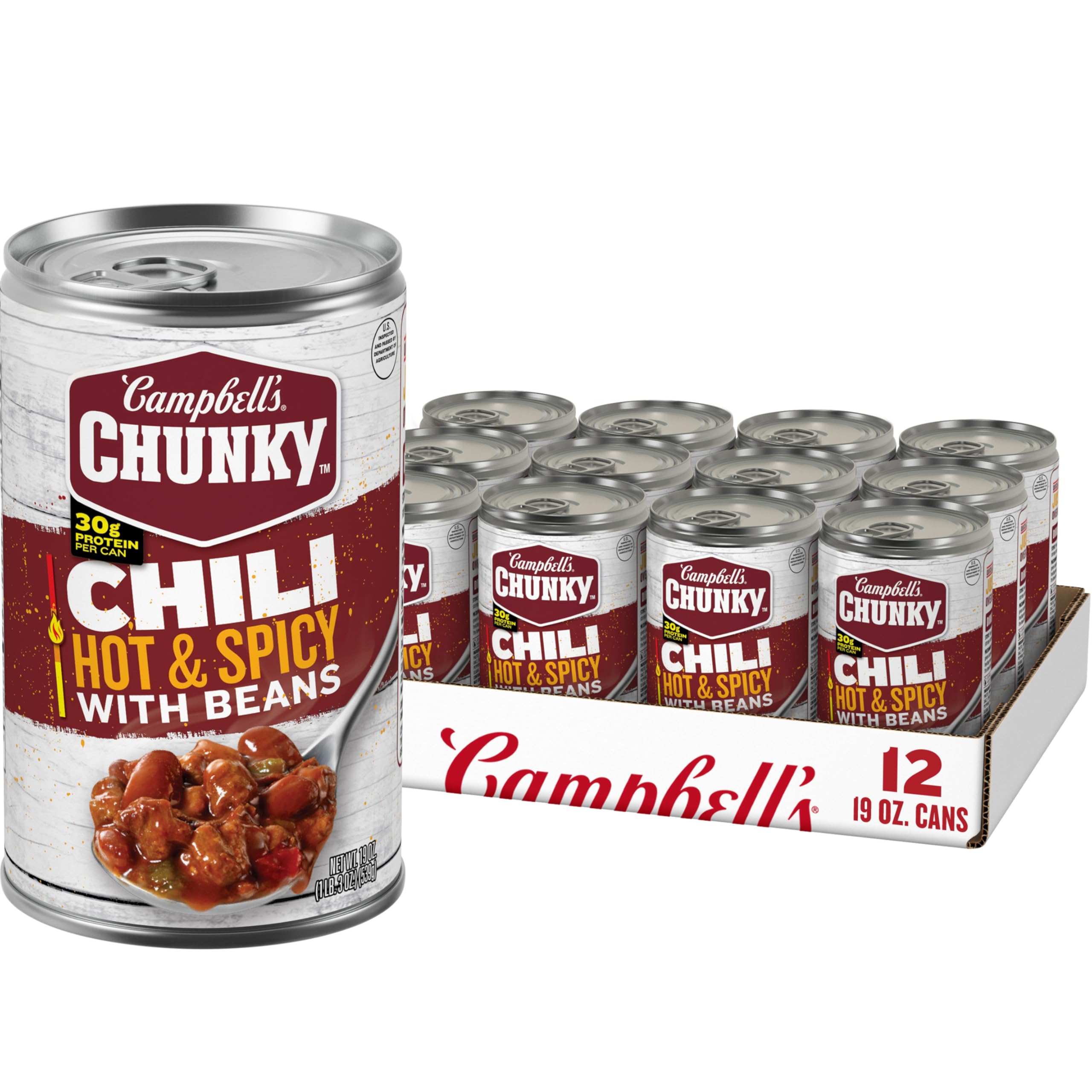 Campbell's Chunky Hot & Spicy Chili with Beans 12-pack cans stacked for quick meals