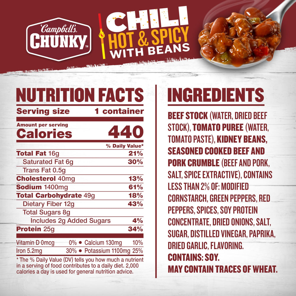 Campbell's Chunky chili with beans and meat closeup showing hearty texture.